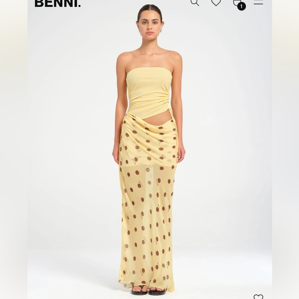 Yellow Strapless Maxi Skirt with Brown Dots